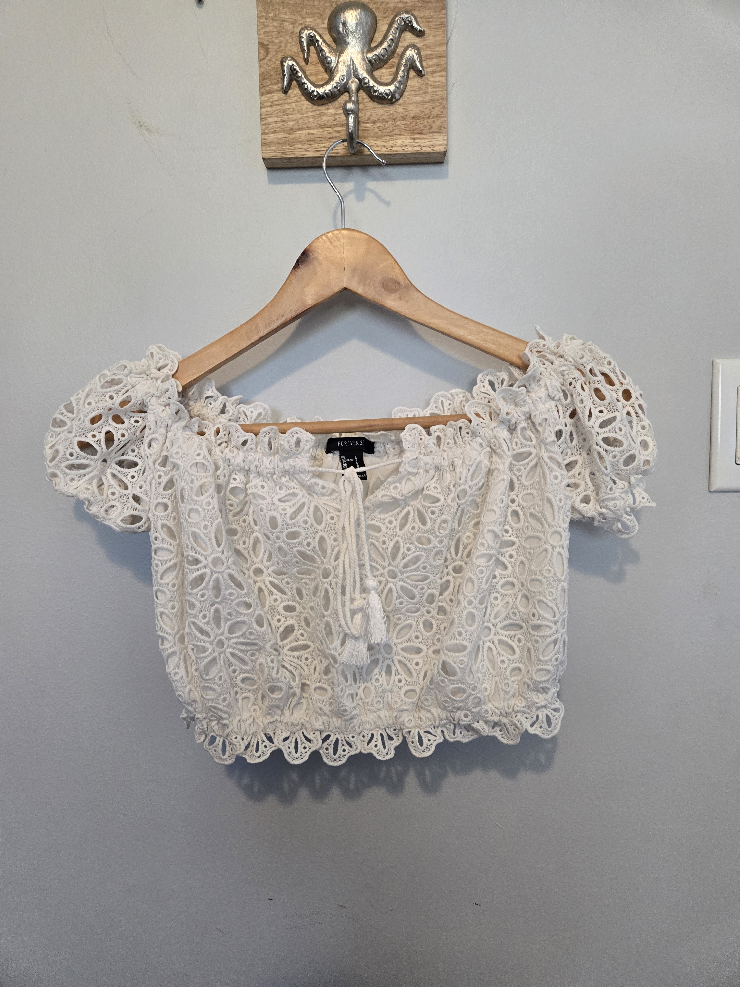 Forever 21 Cream Crochet Off-Shoulder Crop Top
